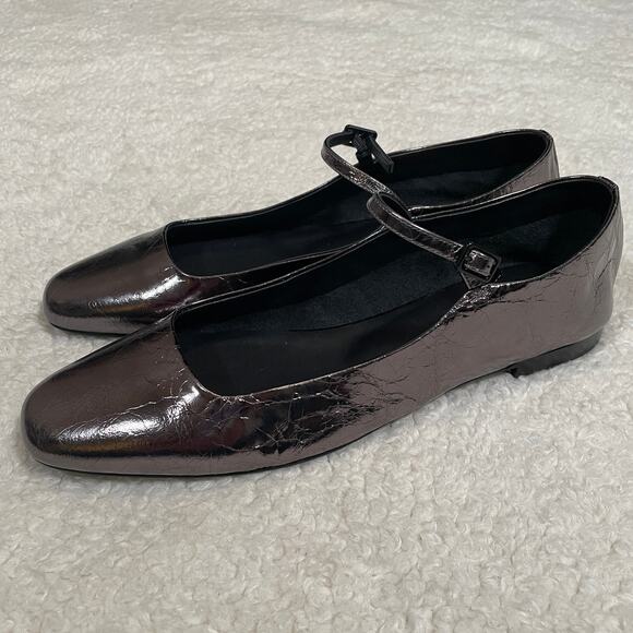 L'Agence Edelie Crackled Metallic Leather Mary Jane Flats Pewter Preppy Mod 8.5 - Picture 1 of 5
